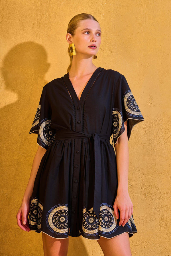 Rounded Embroidery Short Dress GAIA Black | فستان نسائي