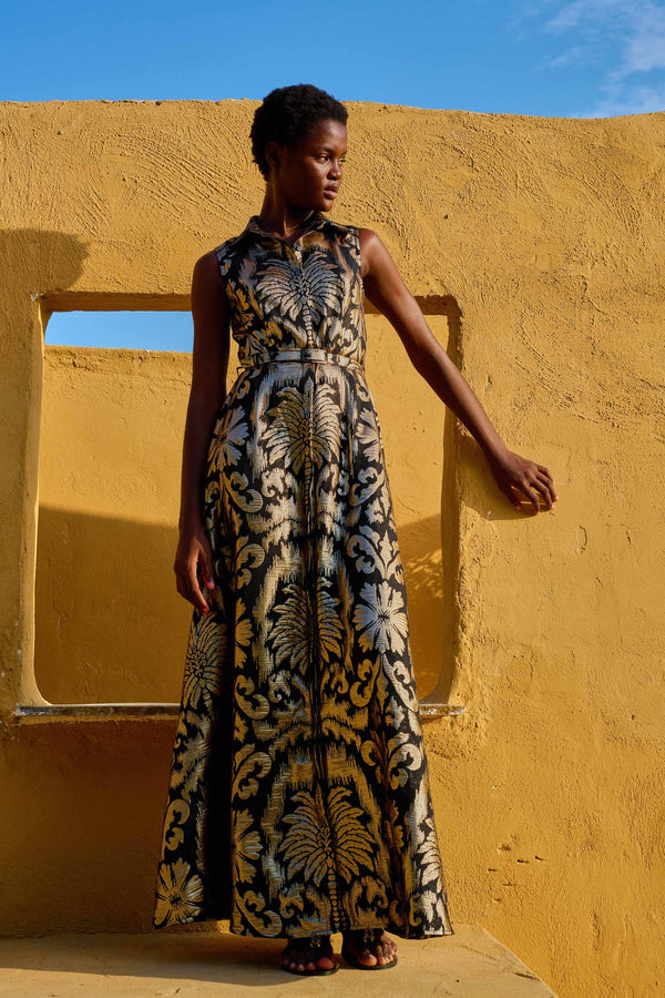 Maxi Dress Sleeveless Gaia Golden Palms BLACK| فستان نسائي