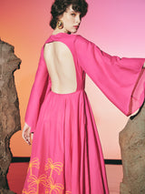 Palm Broided Open Back Dress Magenta | فستان نسائي