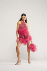 LUMIERE PLUMAGE NECKLACE TOP RASPBERRY | قميص علوي نسائي