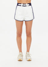 Premium Organic Cotton Racer Shorts: Vintage Style, Navy Belt, Striped Sides, Everyday Leisure