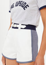 Premium Organic Cotton Racer Shorts: Vintage Style, Navy Belt, Striped Sides, Everyday Leisure