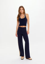 Women's Cosmo Freya Navy Organic Cotton Knit Pants with Chic Side Stripes