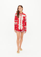Women's Palma Bobbi Collared Shirt: Tropical Red Palm Print, Crochet Lace