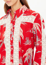 Women's Palma Bobbi Collared Shirt: Tropical Red Palm Print, Crochet Lace