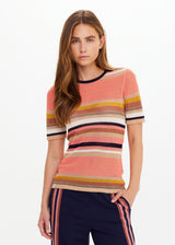THE UPSIDE Women's Slim Fit Stripe Knit Tee Top with Navy Contrast Neckline