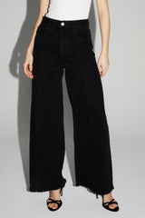 Stylish Black Textured Denim Palazzo Wide-Leg Jeans with Fringed Hem Dots