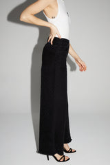 Stylish Black Textured Denim Palazzo Wide-Leg Jeans with Fringed Hem Dots