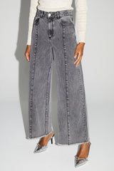 Imprevu Swiggy Grey Wide-Leg Palazzo Denim Jeans: High-Waist, Fringed Hem