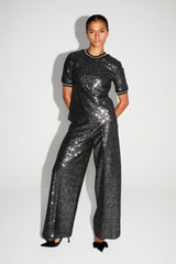 Dazzling Charlie Sequin Wide-Leg Trousers - Black Sparkle Evening Pants