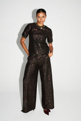 Luxurious Italian-Made Bordeaux Gold Sequin Wide-Leg Trousers for Elegant Evenings