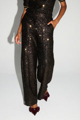 Luxurious Italian-Made Bordeaux Gold Sequin Wide-Leg Trousers for Elegant Evenings