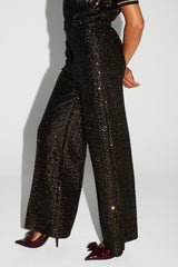 Luxurious Italian-Made Bordeaux Gold Sequin Wide-Leg Trousers for Elegant Evenings