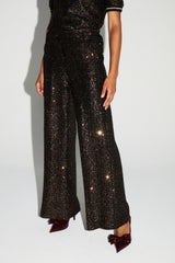 Luxurious Italian-Made Bordeaux Gold Sequin Wide-Leg Trousers for Elegant Evenings