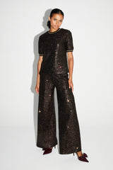 Luxurious Italian-Made Bordeaux Gold Sequin Wide-Leg Trousers for Elegant Evenings