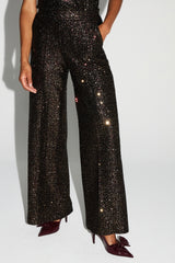 Luxurious Italian-Made Bordeaux Gold Sequin Wide-Leg Trousers for Elegant Evenings