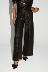 Luxurious Italian-Made Bordeaux Gold Sequin Wide-Leg Trousers for Elegant Evenings