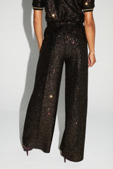 Luxurious Italian-Made Bordeaux Gold Sequin Wide-Leg Trousers for Elegant Evenings