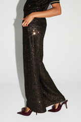 Luxurious Italian-Made Bordeaux Gold Sequin Wide-Leg Trousers for Elegant Evenings