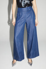 Imprevu Ada Blue Lyocell Fluid Wide-Leg Trousers: Italian Crafted Comfort