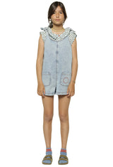 Girls Jumpsuit W/ Straps Washed Blue Denim | جمبسوت