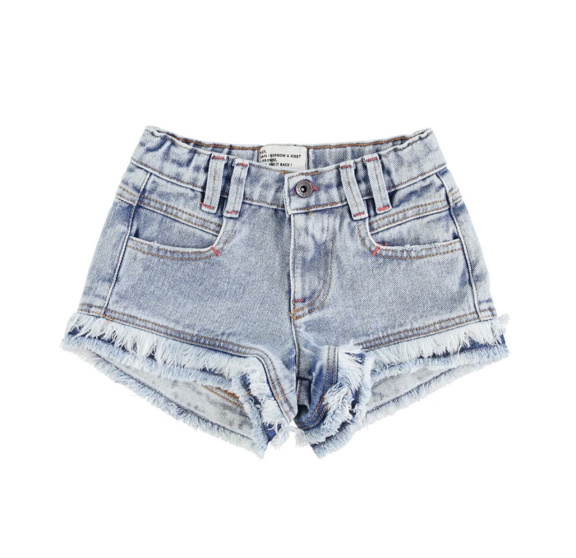 Girls Shorts W/ Fringes Washed Blue Denim | سروال قصير