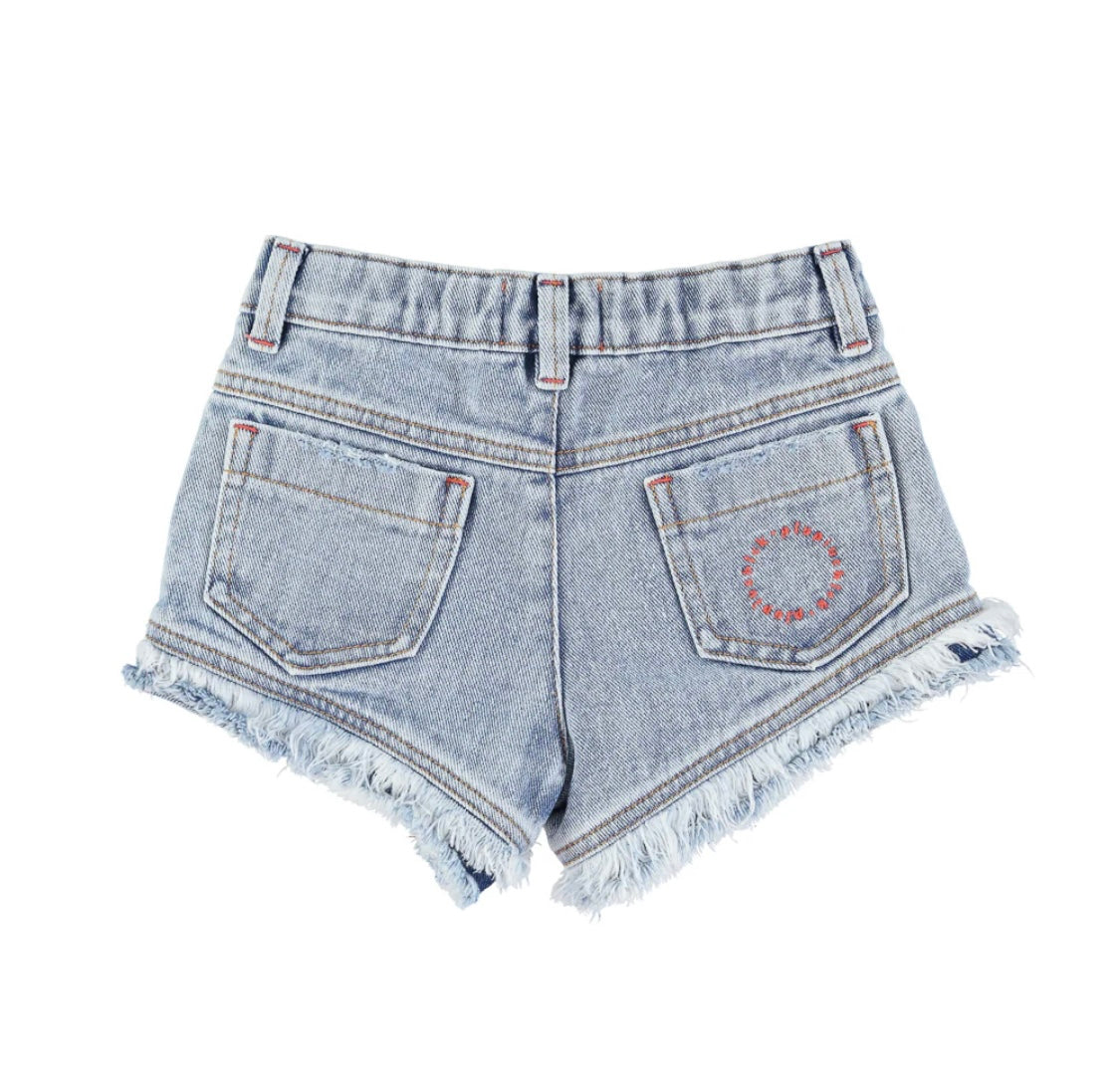 Girls Shorts W/ Fringes Washed Blue Denim | سروال قصير