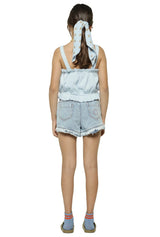 Girls Shorts W/ Fringes Washed Blue Denim | سروال قصير