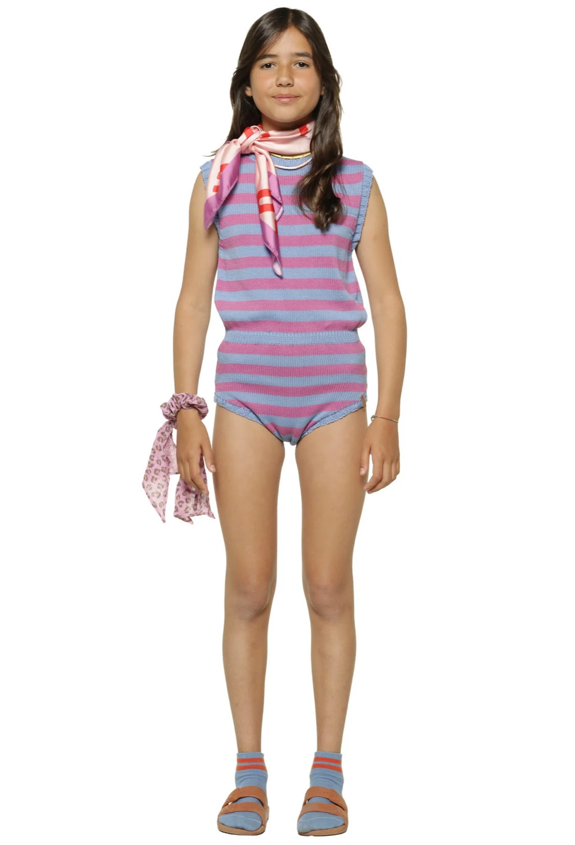Girls Knitted Playsuit Blue & Fuchsia | بلوزة ضيقة