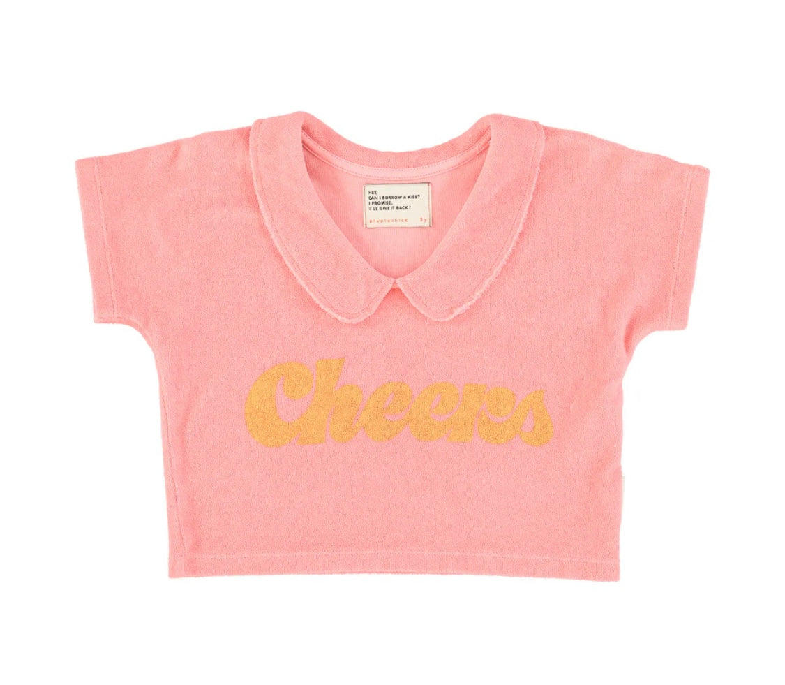 Girls T-Shirt W/ Collar | Pink W/Yellow Cheer Print | بلوزة