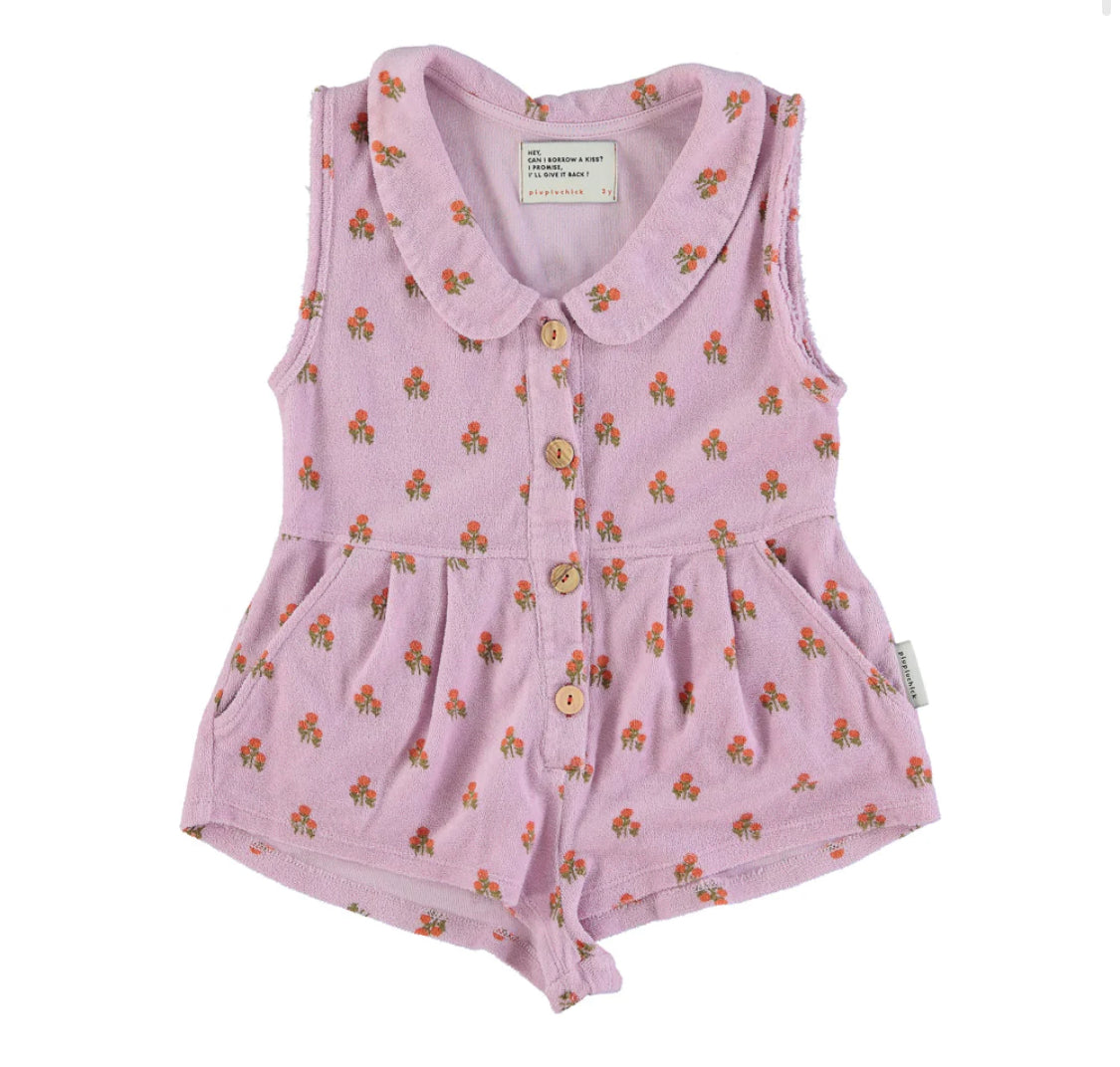 Girls Short Jumpsuit W/ Collar | Lilac W/ Flowers Allover | جمبسوت