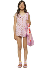 Girls Short Jumpsuit W/ Collar | Lilac W/ Flowers Allover | جمبسوت