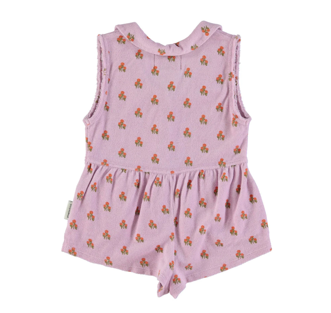 Girls Short Jumpsuit W/ Collar | Lilac W/ Flowers Allover | جمبسوت