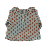 Collar Terry Blouse / greenish grey w/ half moon brown print - Girls بلوزة