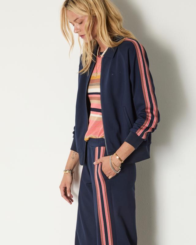 THE UPSIDE Women's Slim Fit Stripe Knit Tee Top with Navy Contrast Neckline