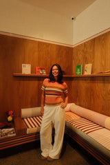 THE UPSIDE Women's Slim Fit Stripe Knit Tee Top with Navy Contrast Neckline