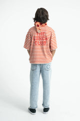 OVERSIZED T-SHIRT W/ APPLE PRINT RED AND ECRU STRIPES