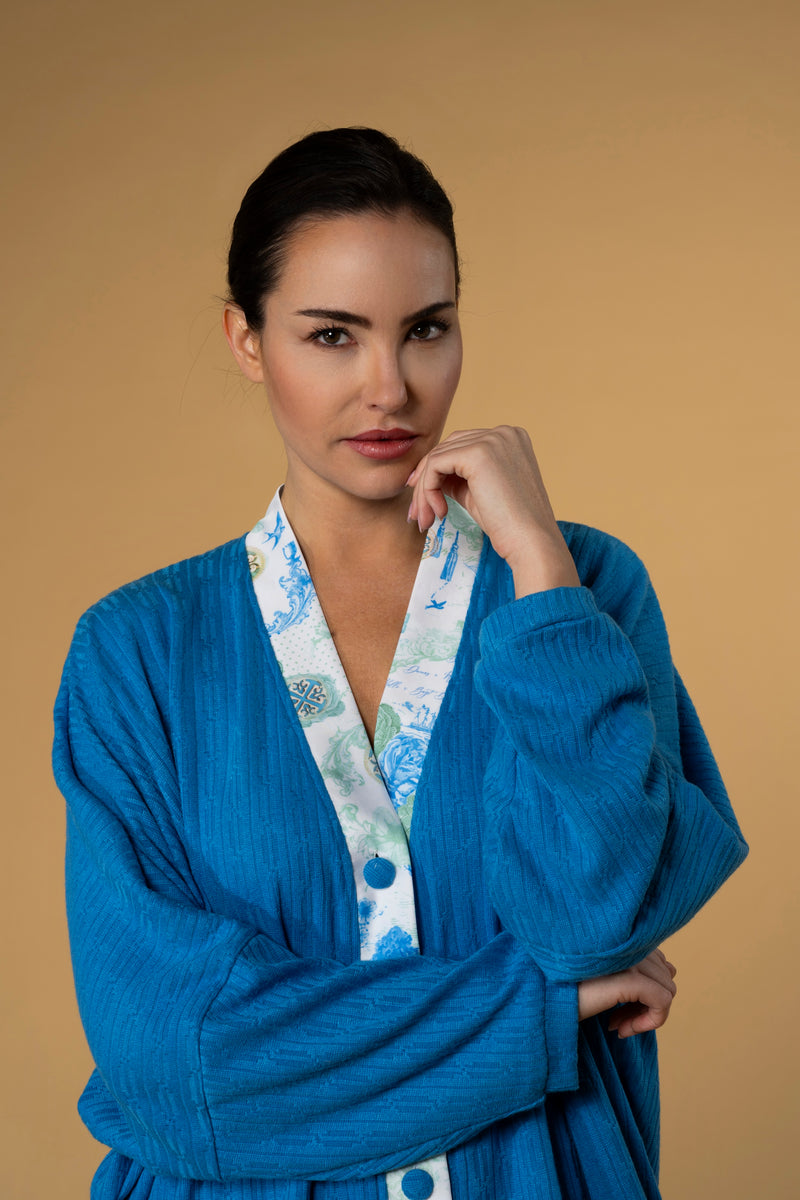 Cardigan Knitwear Lace Silk Detail Blue| بلوزة نسائية  Cardigan Knit