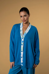 Cardigan Knitwear Lace Silk Detail Blue| بلوزة نسائية  Cardigan Knit