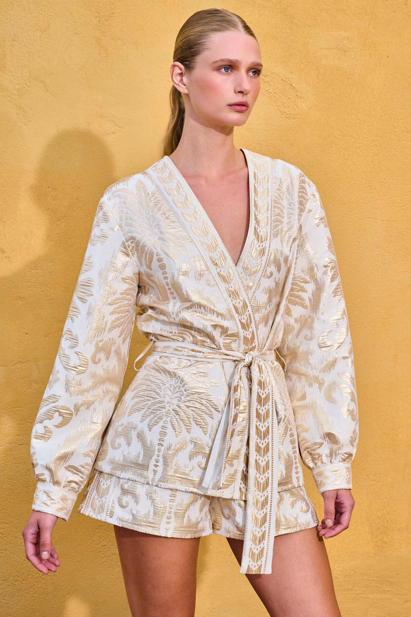 Short Kimono Wrap GAIA Gold Palm Off White |قميص GAIA