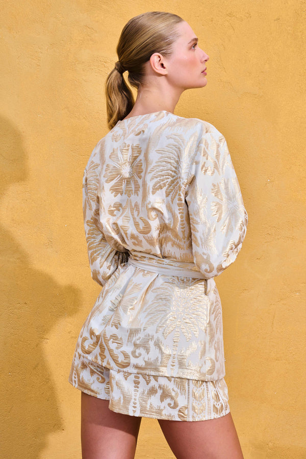 Short Kimono Wrap GAIA Gold Palm Off White |قميص GAIA
