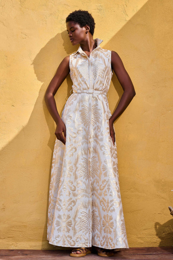 Maxi Dress Sleeveless Gaia Golden Palms Off White | فستان نسائي