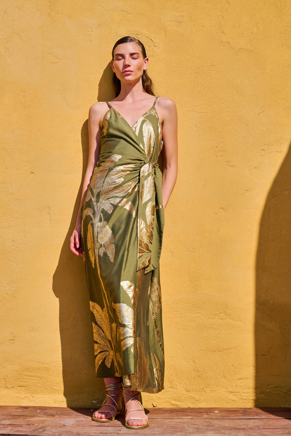 Wrap Around Maxi Gaia Golden Palms Kaki | فستان نسائي