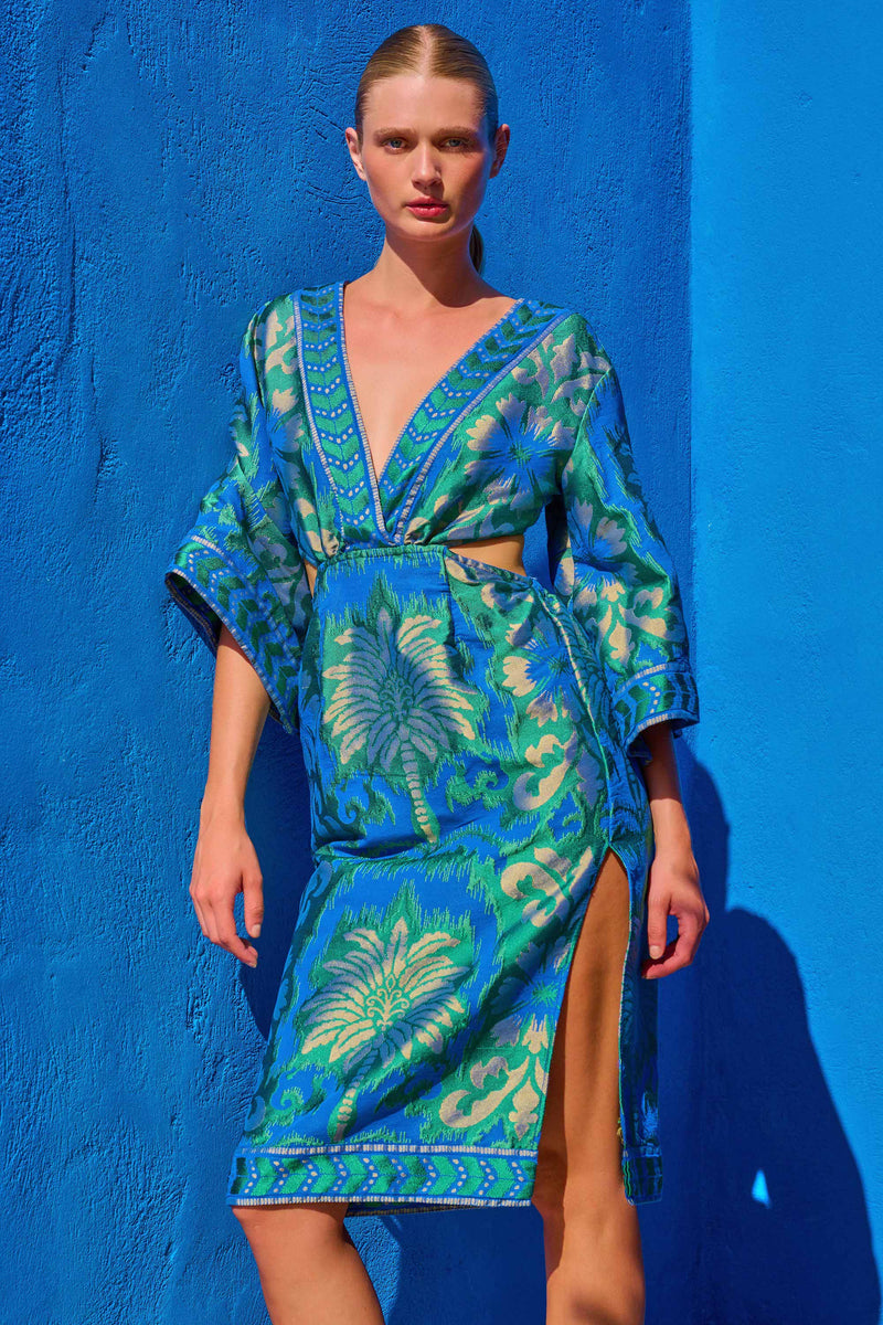 Cut Out Palmtree Dress Green turquoise Midi GAIA | فستان نسائي