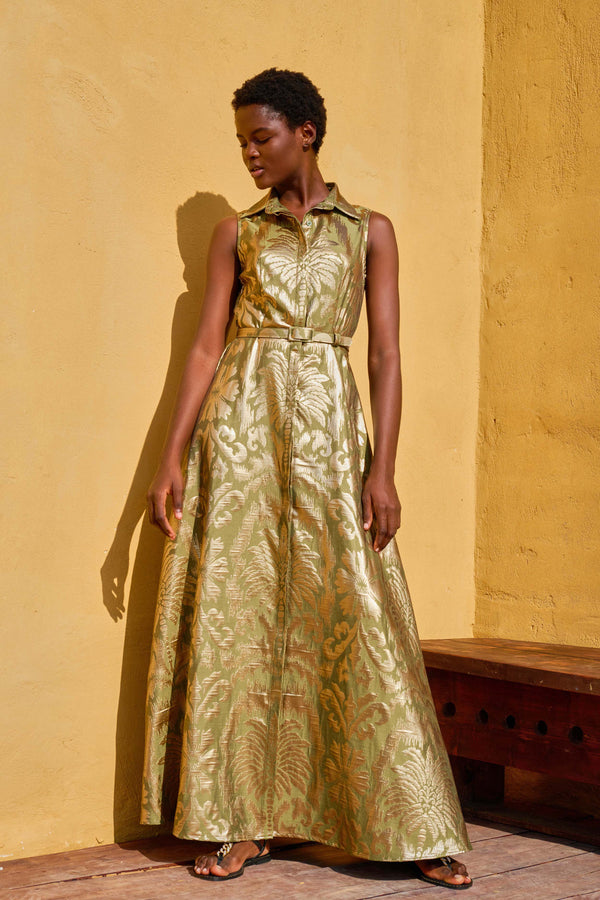Maxi Dress Sleeveless Gaia Golden Palms Kaki | فستان نسائي