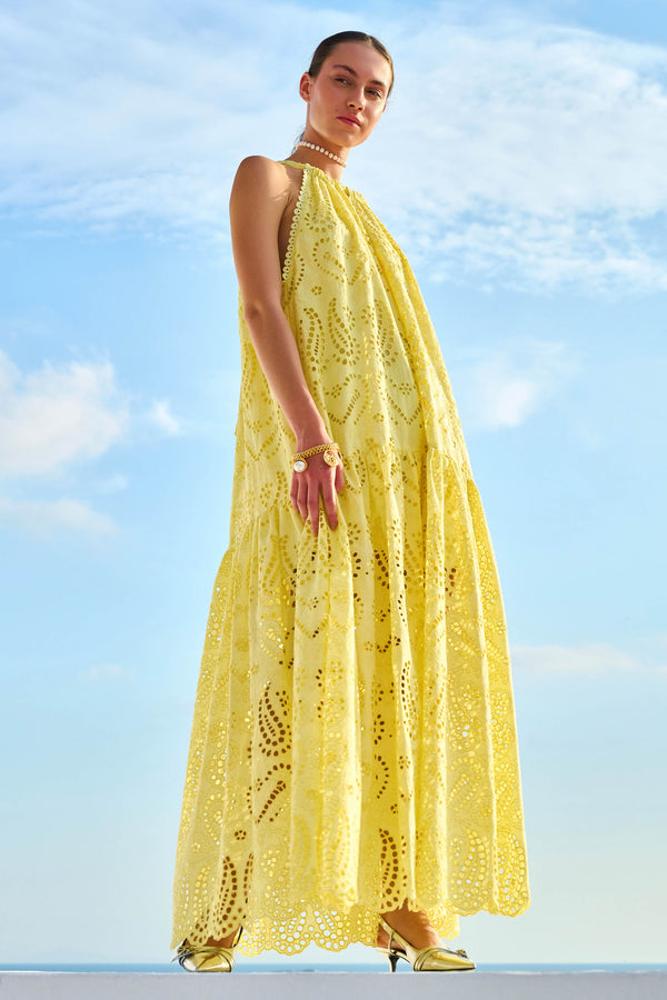 Embroided Maxi Dress Gaia Yellow | فستان نسائي