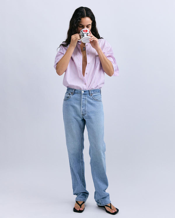 Hailey Lightweight Pink Striped Button-Up Long Sleeve Cotton Shirt for Women