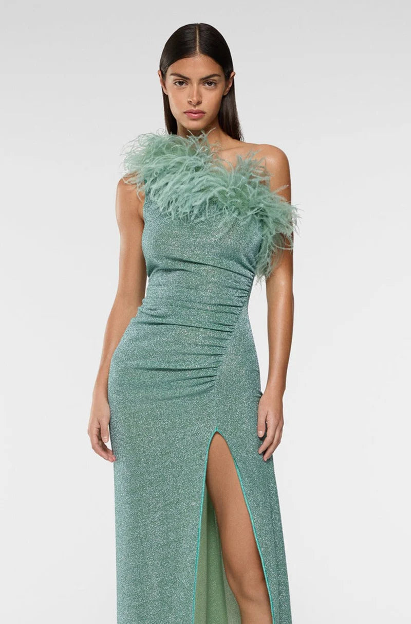 LUMIERE PLUMAGE ONE SHOULDER DRESS AQUA | لباس المرأة