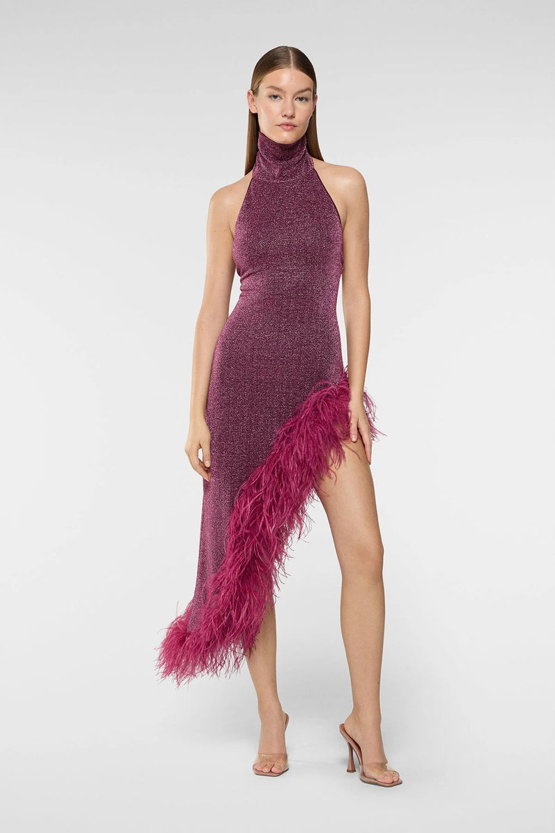 LUMIERE PLUMAGE TURTLE NECK DRESS AUBERGINE | لباس المرأة