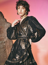 Short Wrap Floral Cachemire Dress Black | فستان نسائي